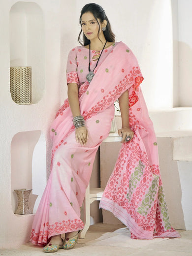 Bewitching Pink Digital Printed Linen Casual Wear Saree With Blouse
